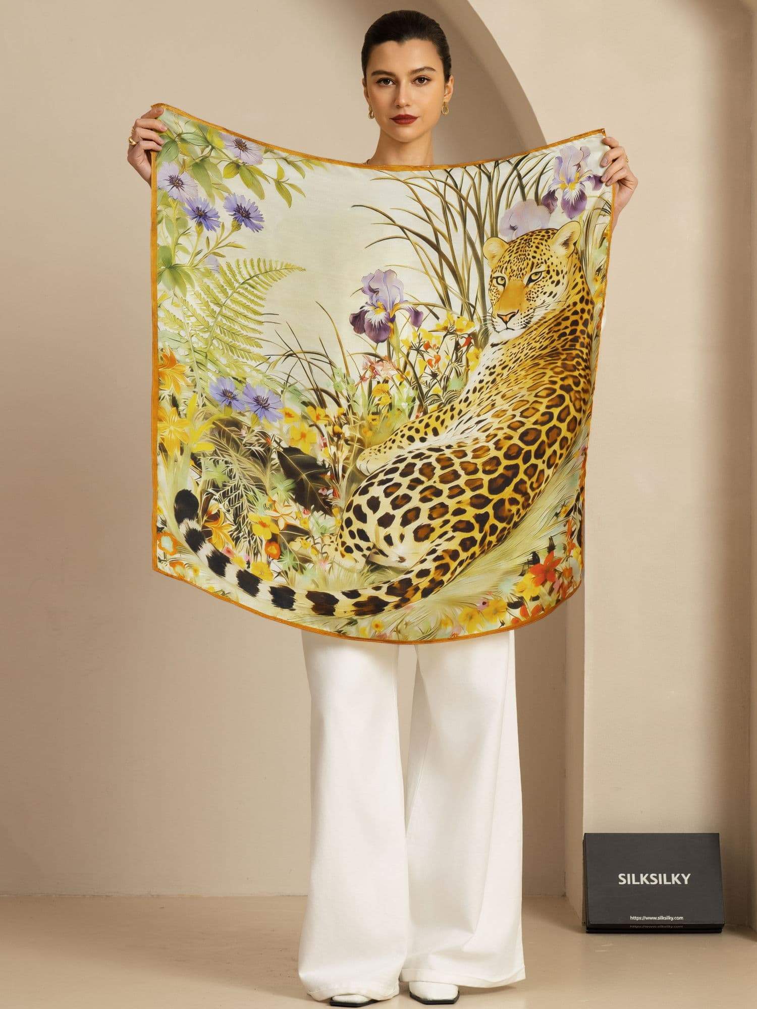 Pure Silk Leopard & Floral Scarf - Size 90x90cm