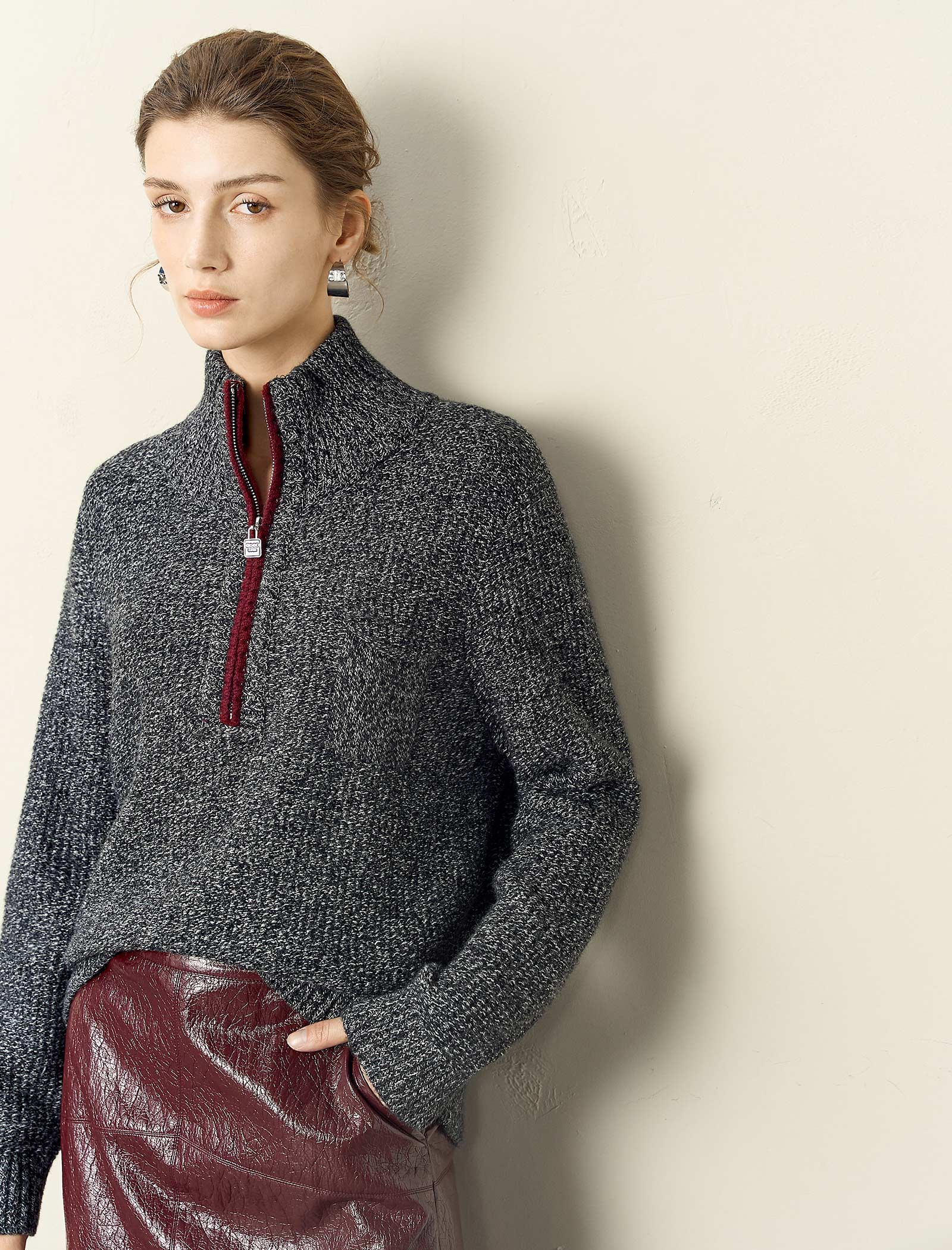 Contrast Trim Half-Zip Mock Neck Sweater