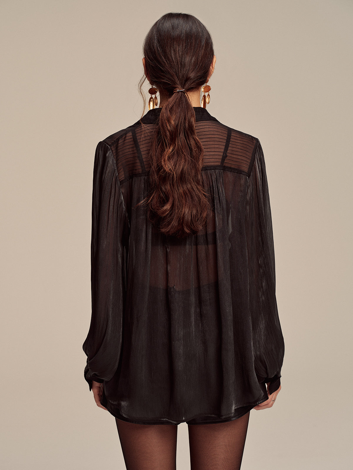 Sheer Chiffon Textured Metal Button Shirt