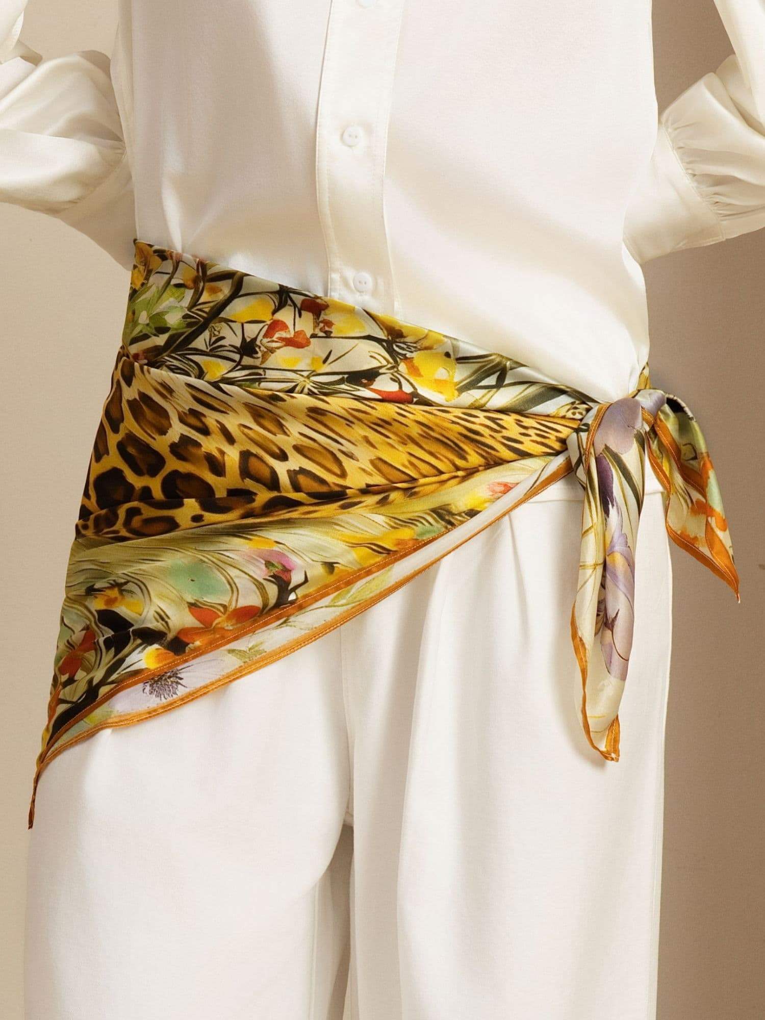 Pure Silk Leopard & Floral Scarf - Size 90x90cm