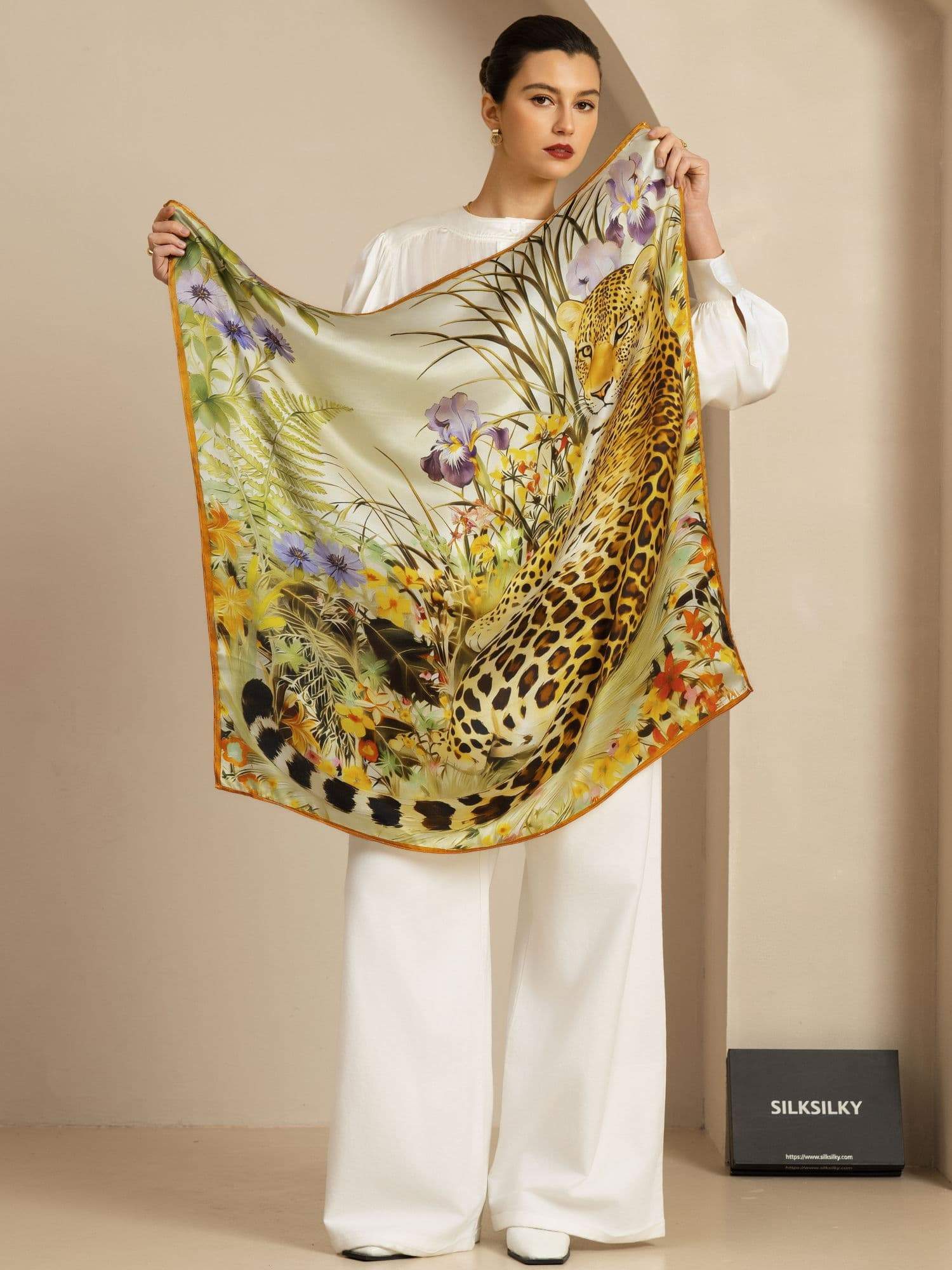 Pure Silk Leopard & Floral Scarf - Size 90x90cm