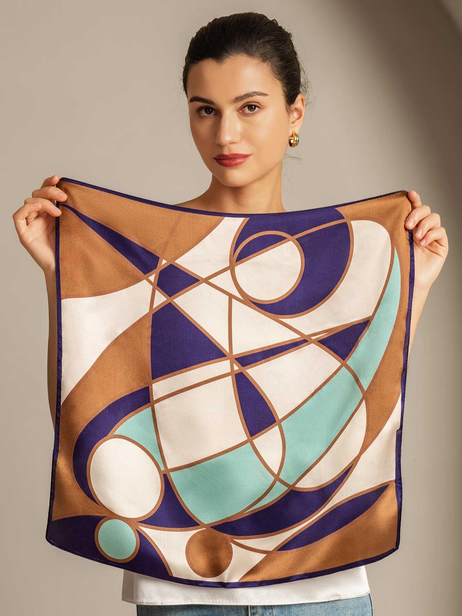 Pure Silk Geometric Pattern Square Scarf - Size 53x53cm