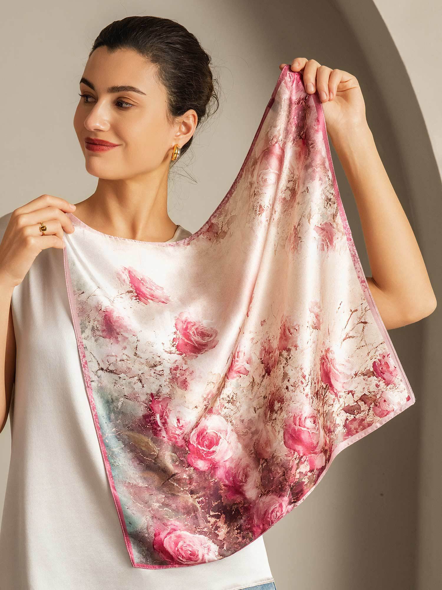 Pure Silk Rose Pattern Square Scarf - Size 53x53cm