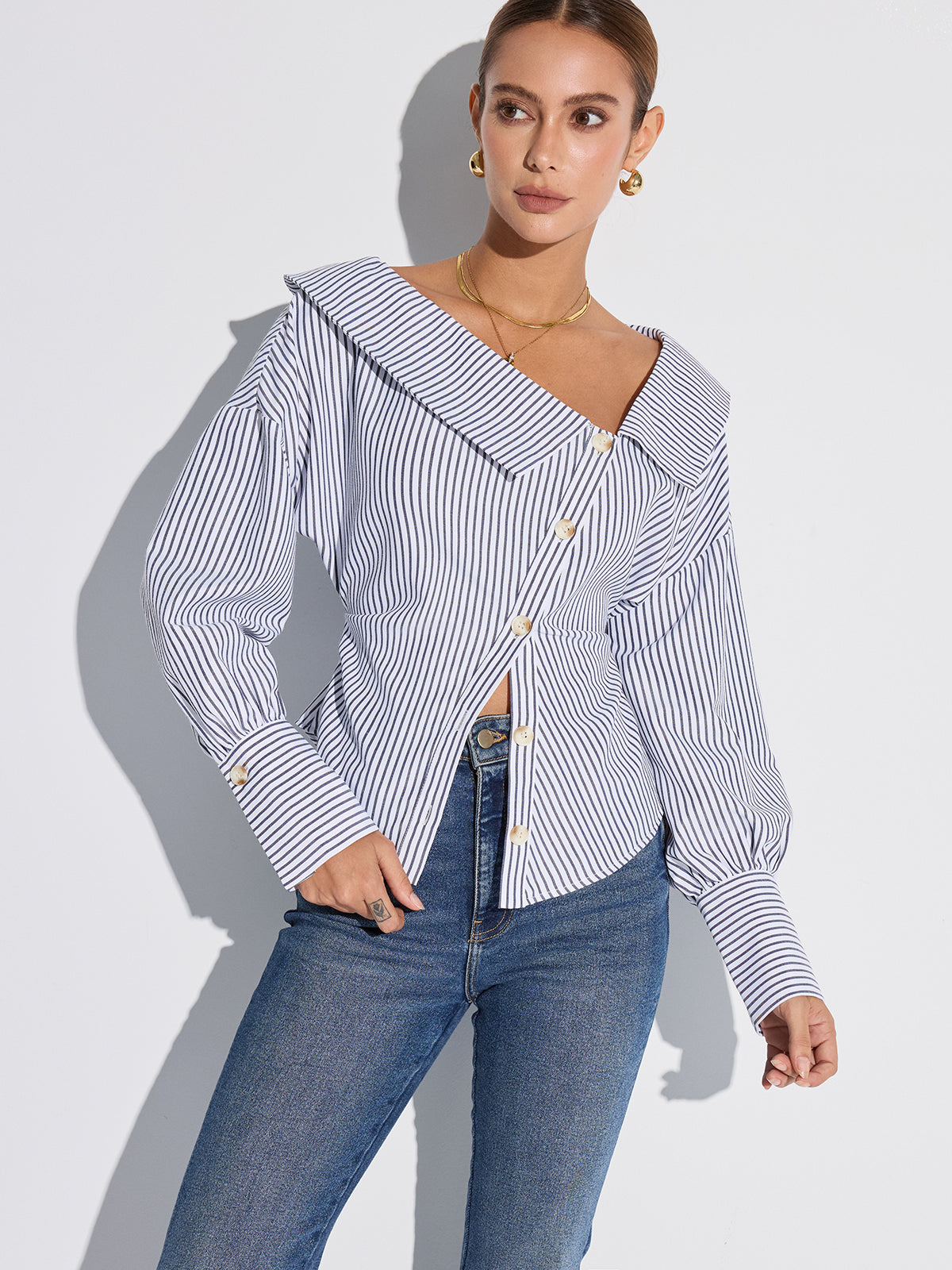 Striped Asymmetrical Placket Button Shirt
