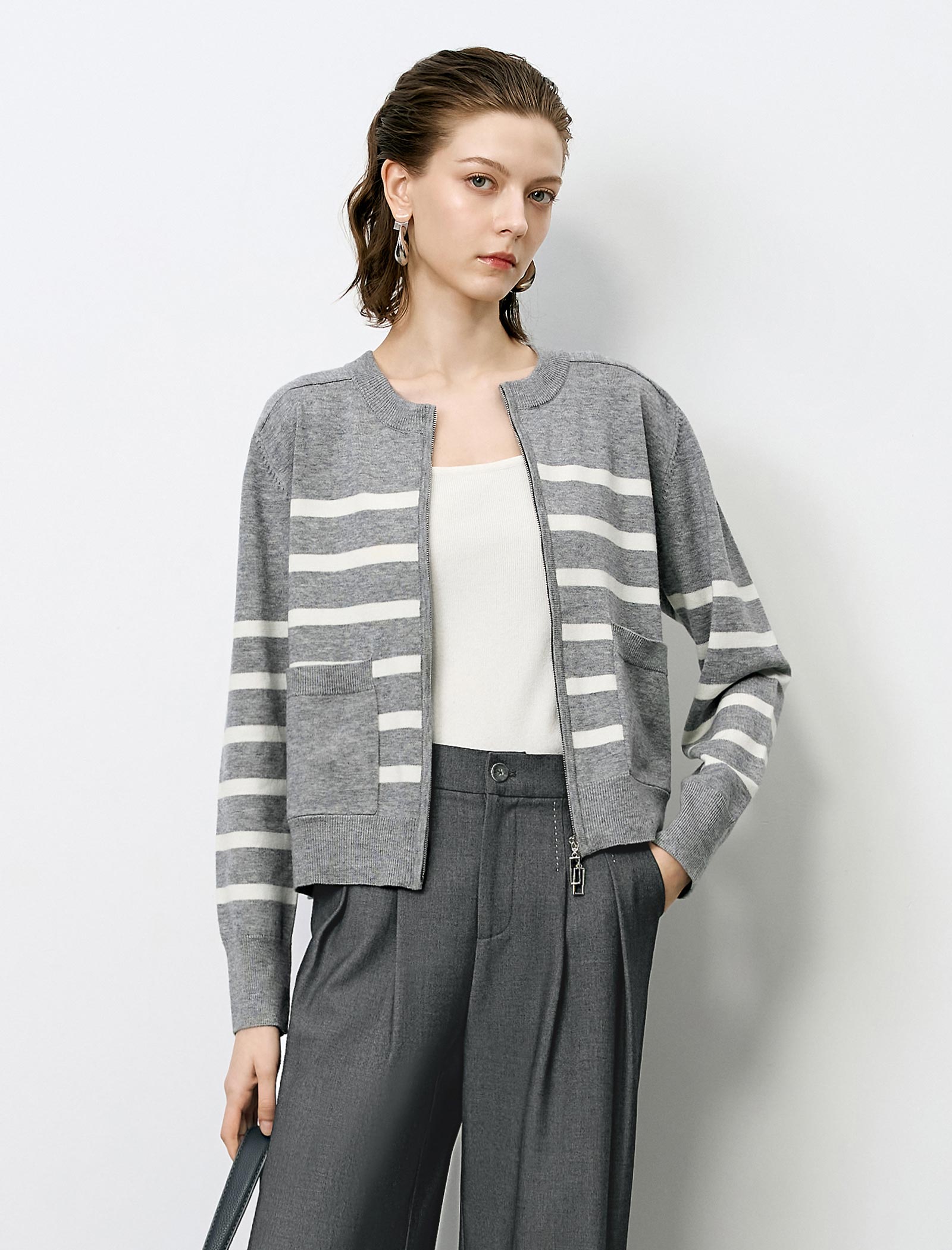 Striped Wool Zipper Short Knit Cardigan