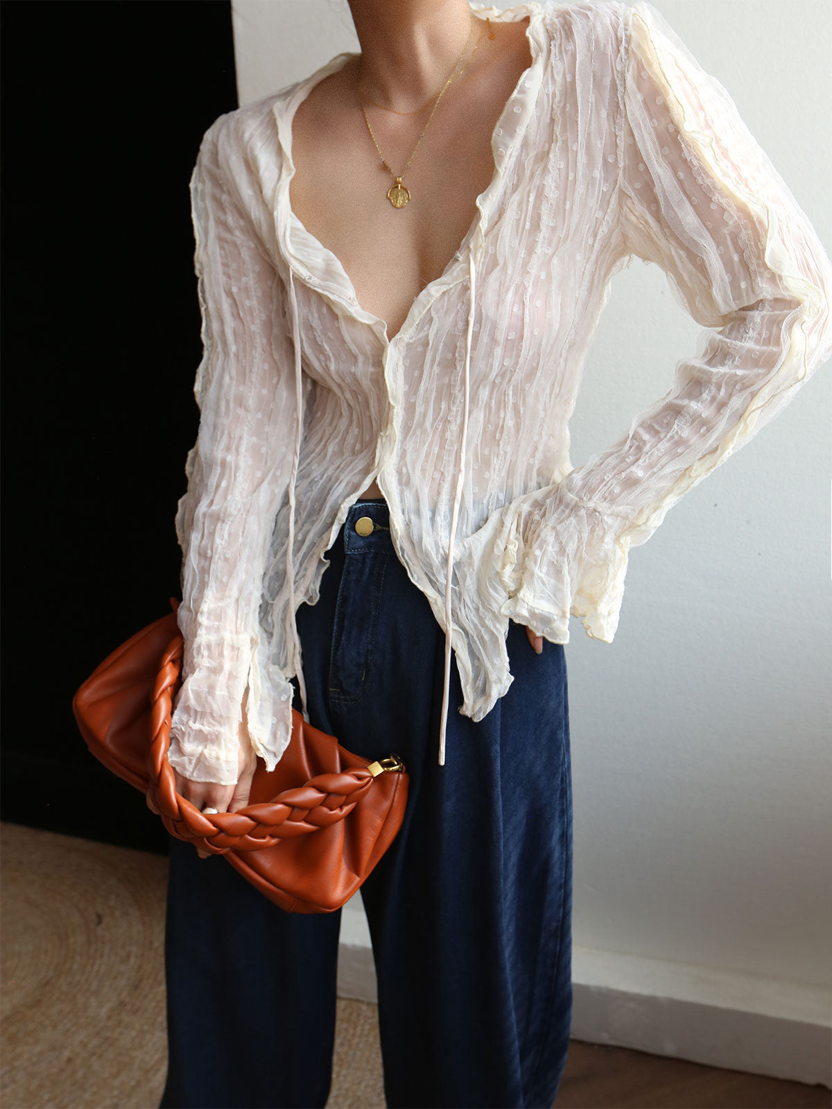 Chiffon Sheer Lettuce Trim Long Sleeve Blouse