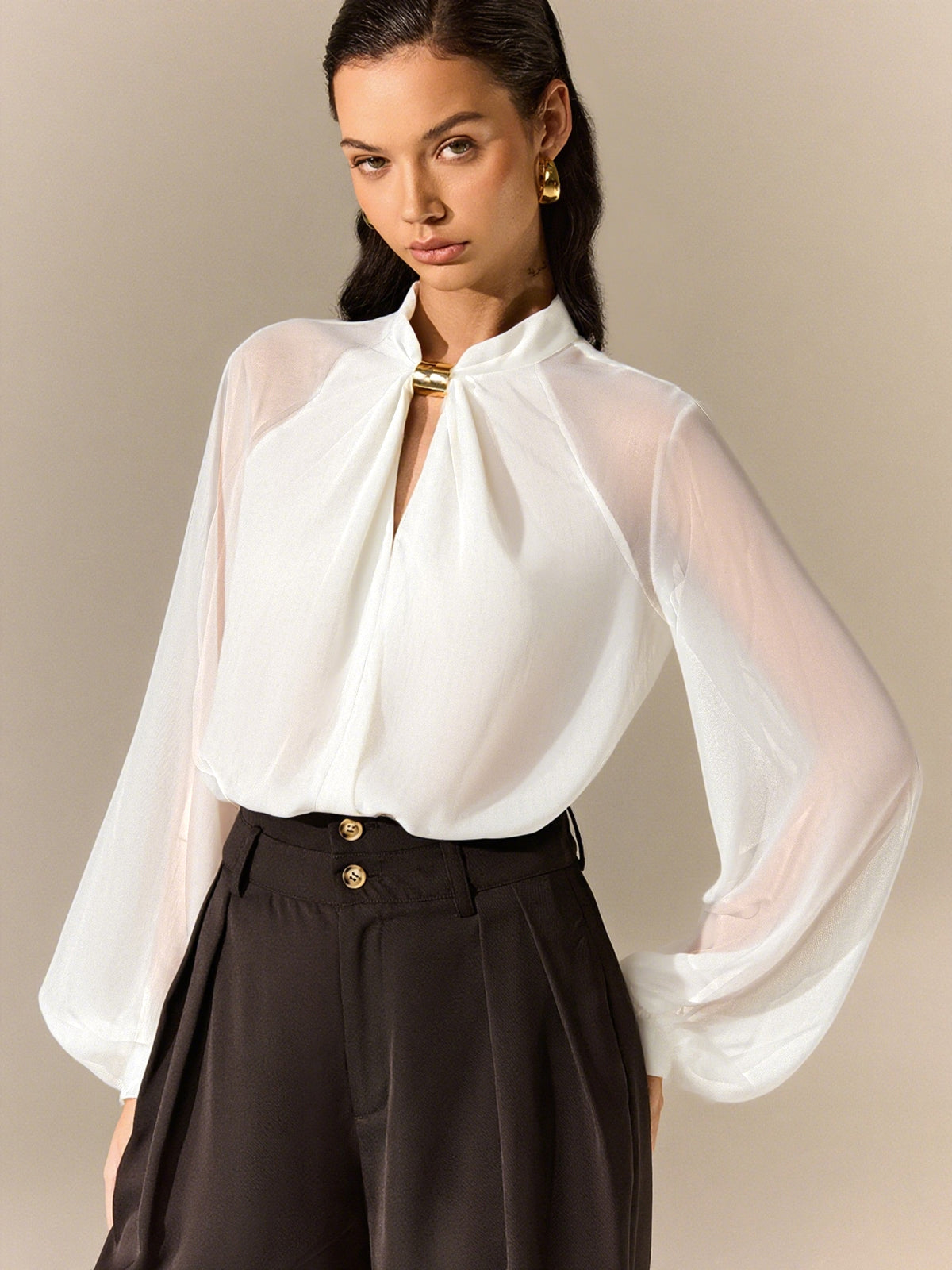 Semi-Sheer Chiffon Blouse with Neckline Metal Detail