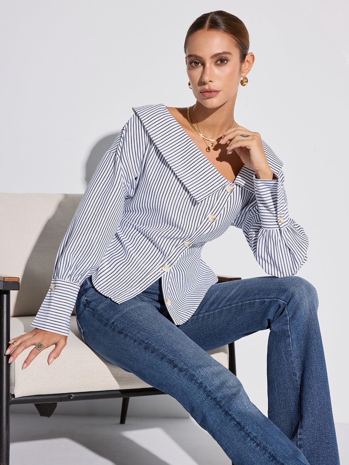 Striped Asymmetrical Placket Button Shirt