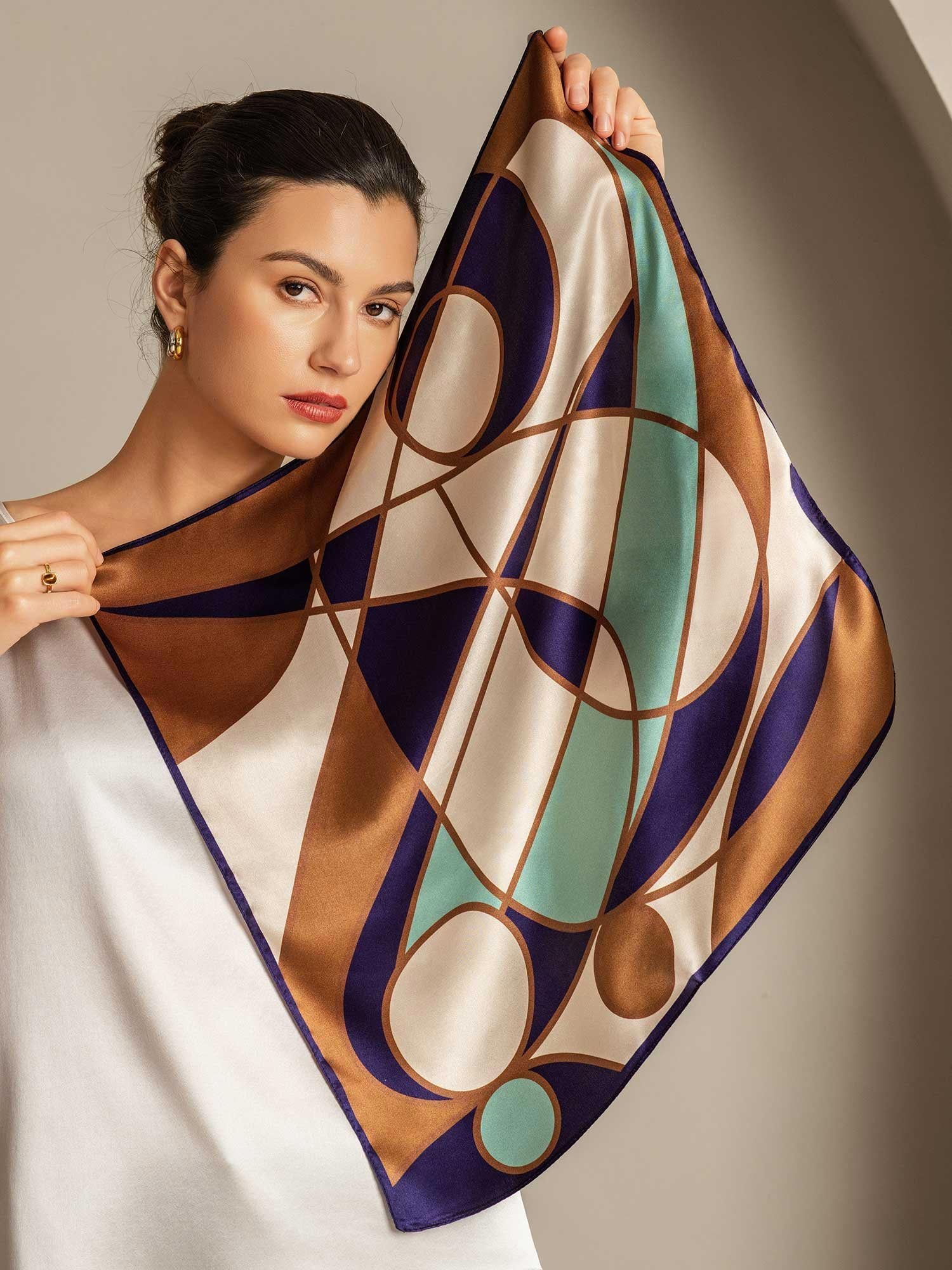 Pure Silk Geometric Pattern Square Scarf - Size 53x53cm