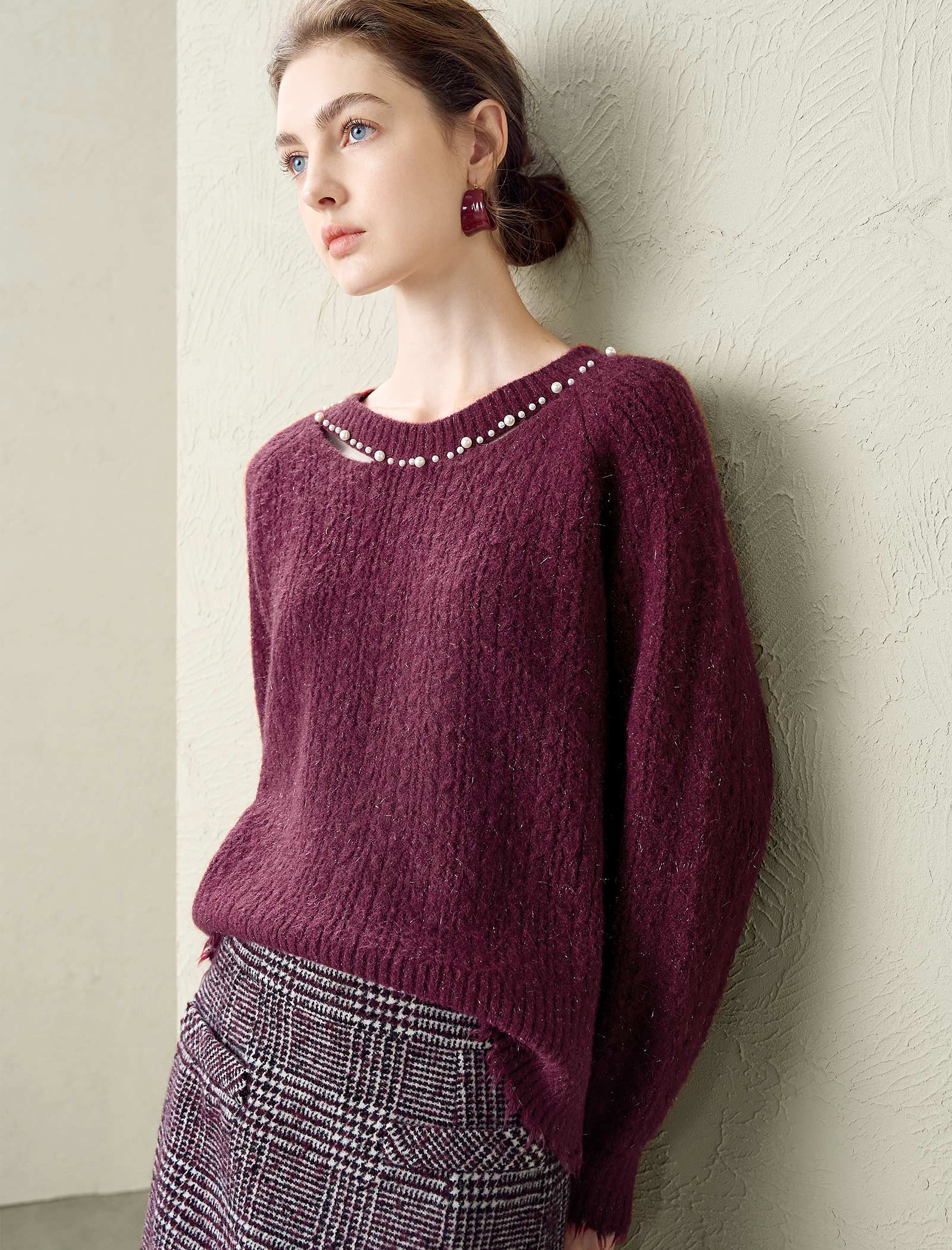 Burgundy Wool-Blend Cutout Neck Sweater