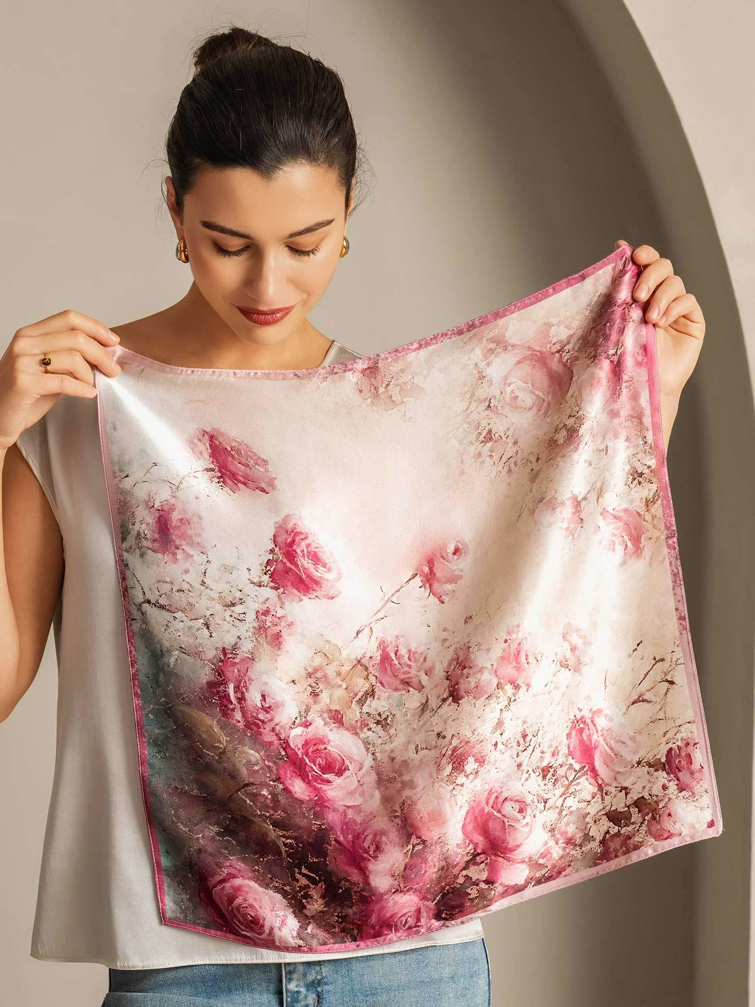Pure Silk Rose Pattern Square Scarf - Size 53x53cm
