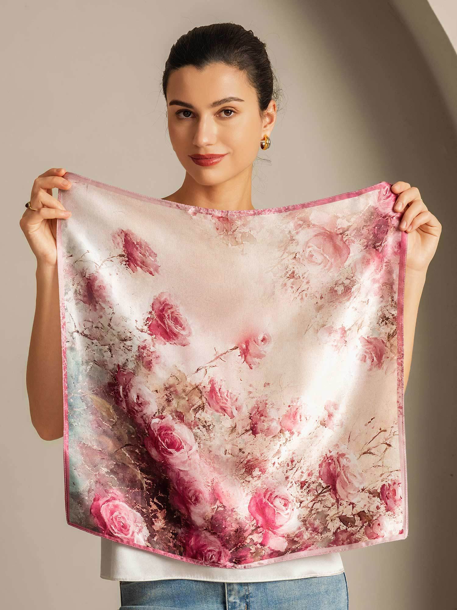 Pure Silk Rose Pattern Square Scarf - Size 53x53cm