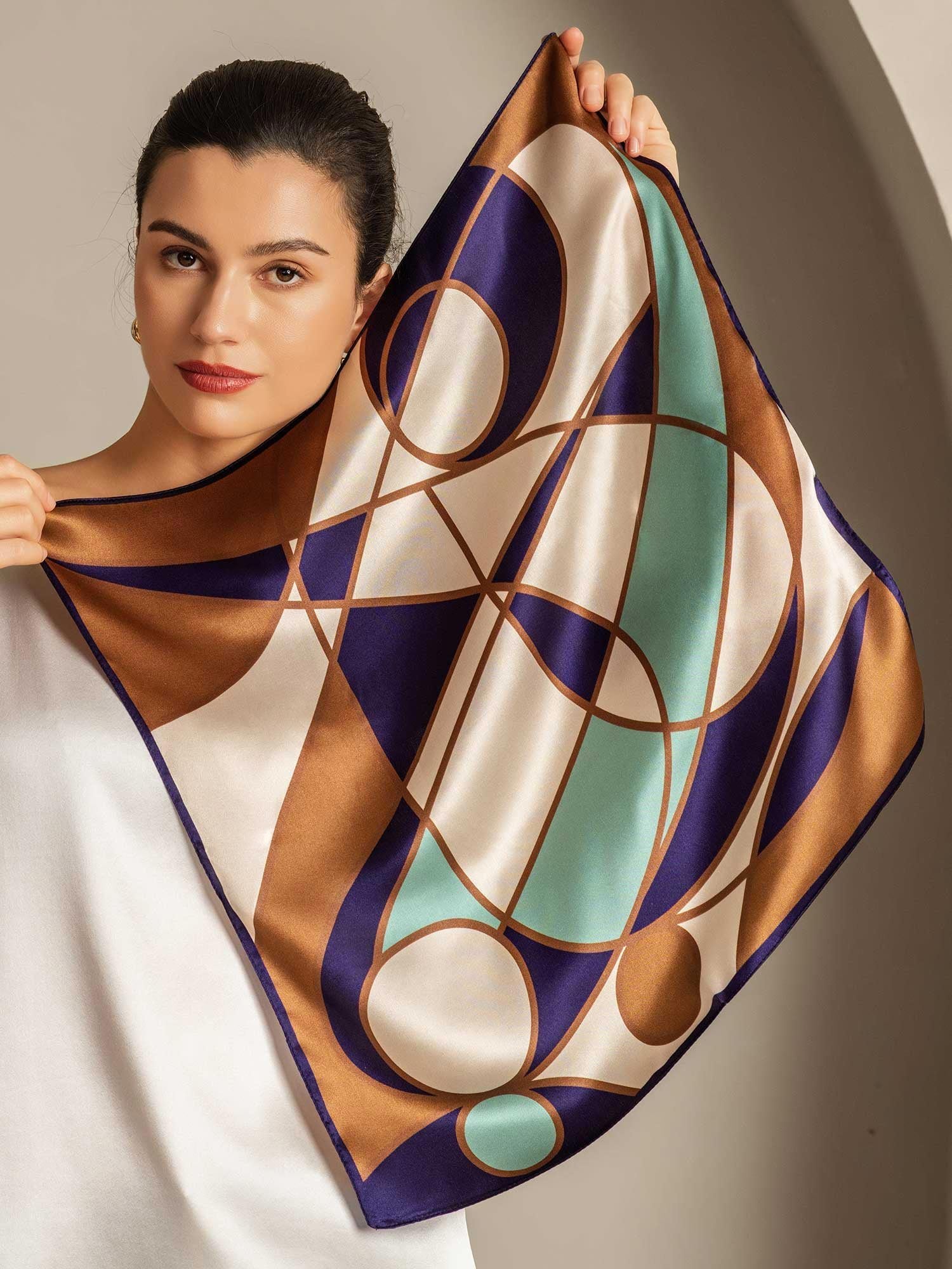 Pure Silk Geometric Pattern Square Scarf - Size 53x53cm