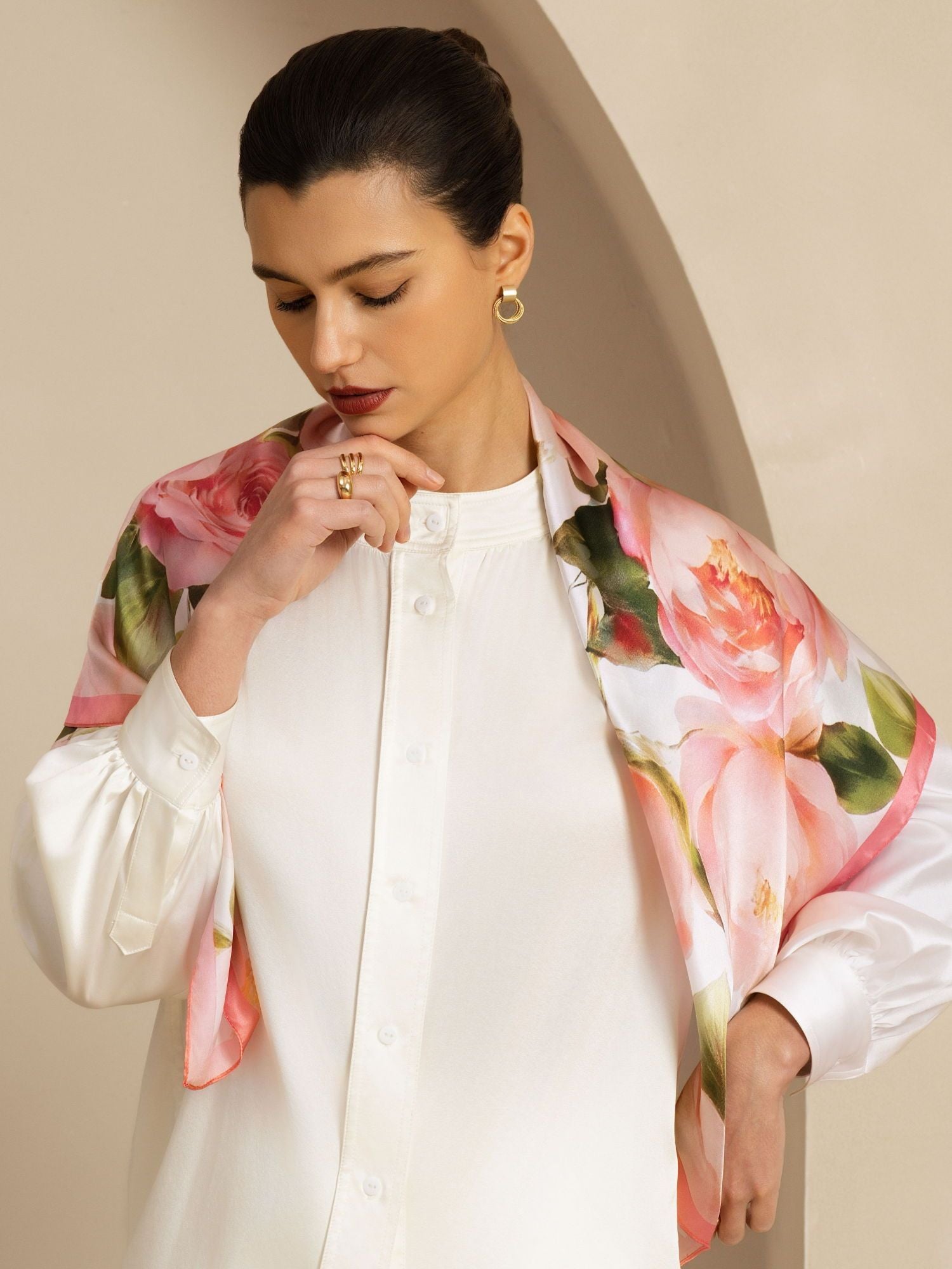 Pure Silk Pink Floral Print Square Scarf - Size 90x90cm