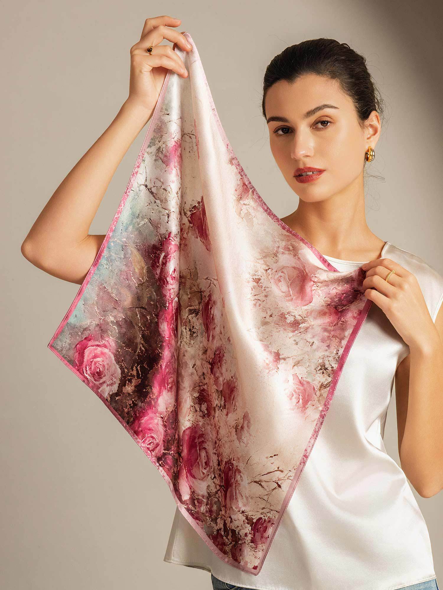 Pure Silk Rose Pattern Square Scarf - Size 53x53cm