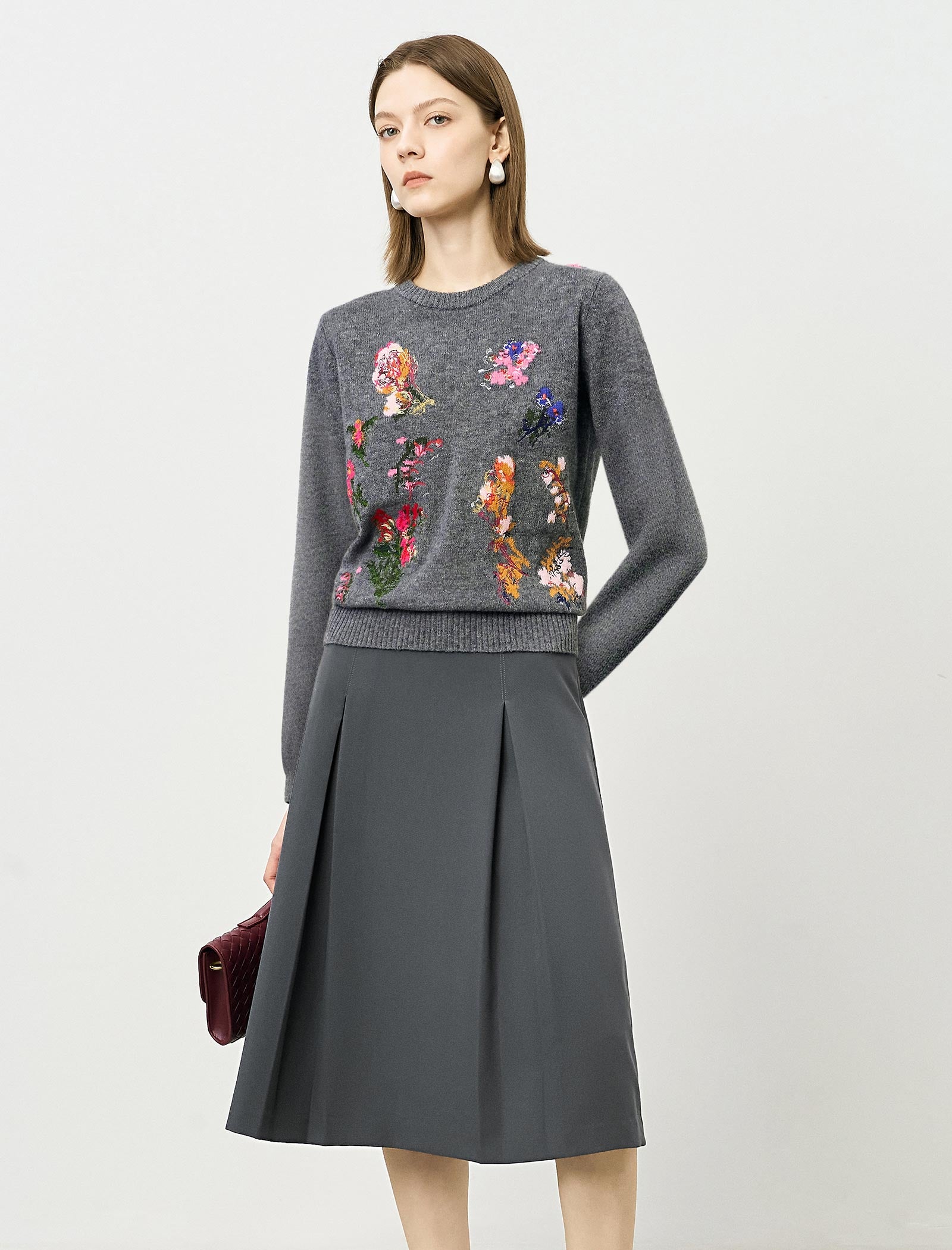 Gray Embroidered Vintage Wool Knit Sweater