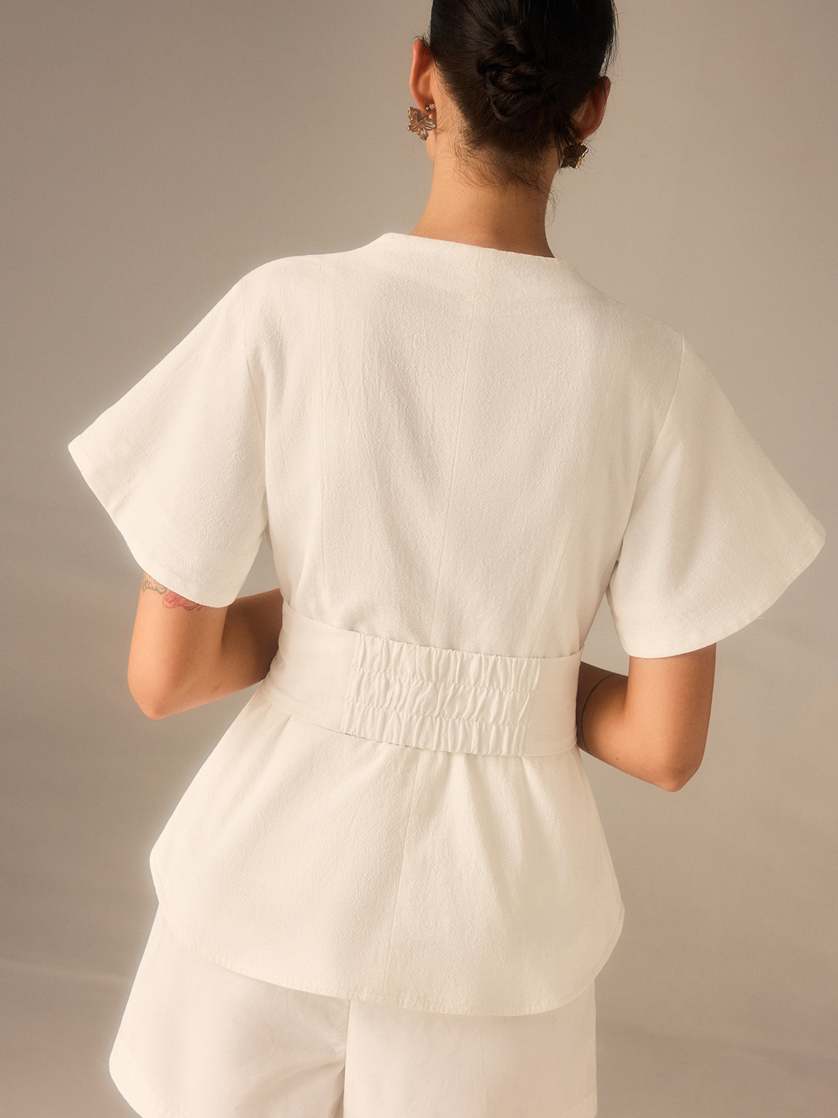 Cotton Square Neckline Top with Belted Waist
