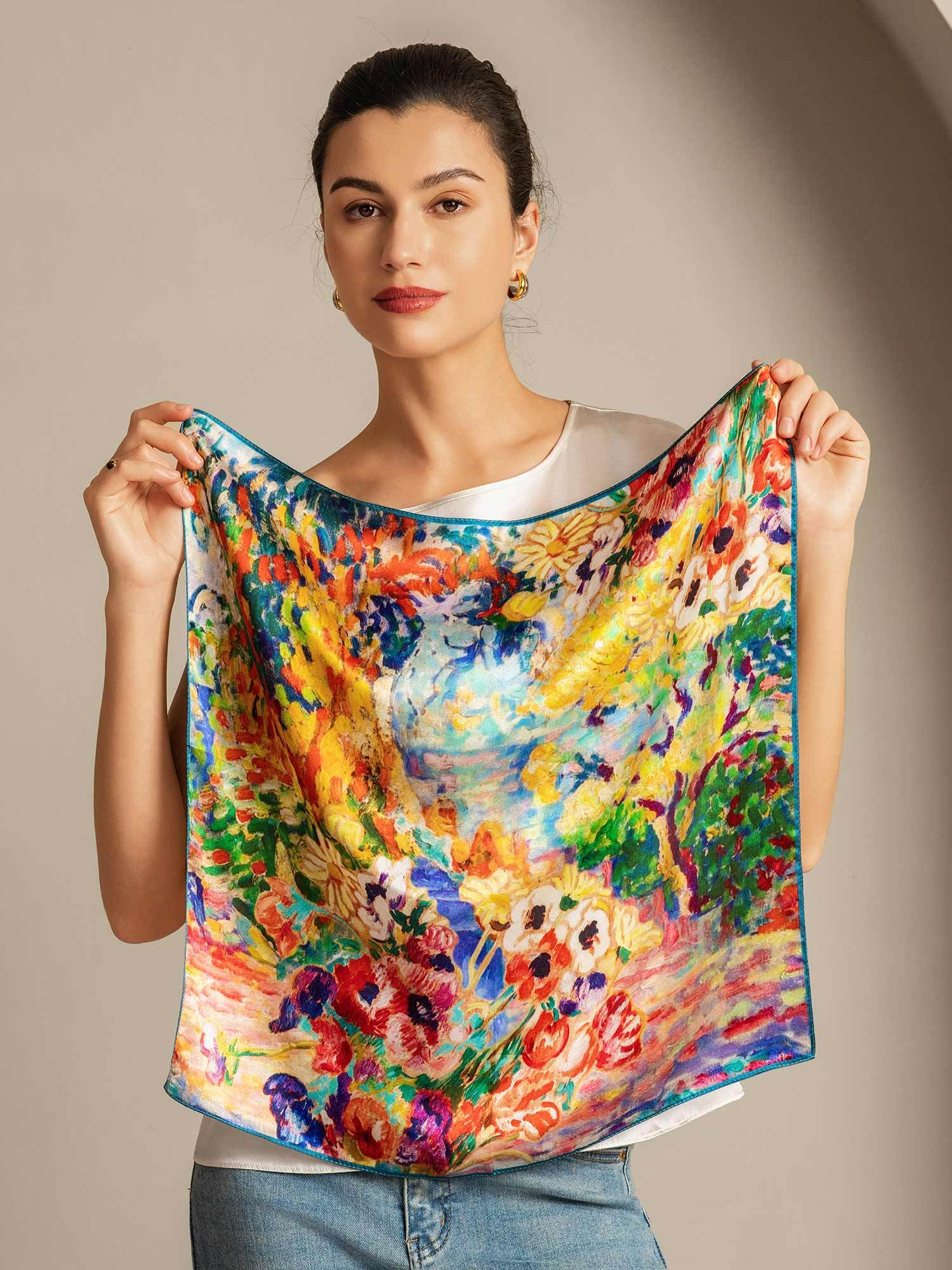 Pure Silk Oil Painting Square Scarf - Size 53x53cm